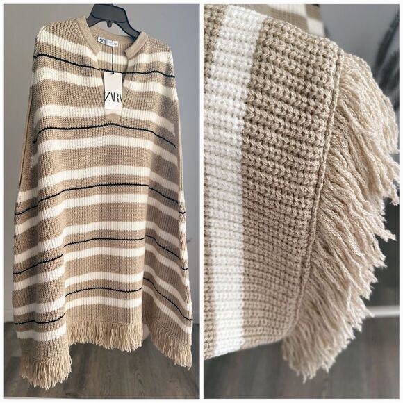 Zara Knit Fringed Striped Poncho New XS-S - Picture 2 of 6